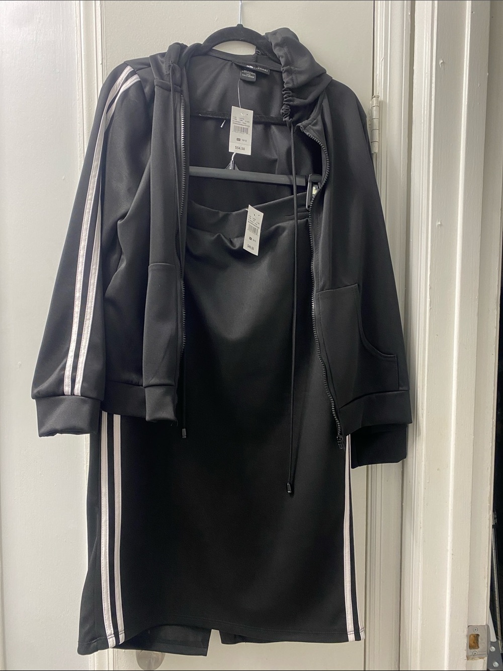 Ashley Stewart Black Midi Hoodie Jacket & Skirt Set with White Stripes , Pockets